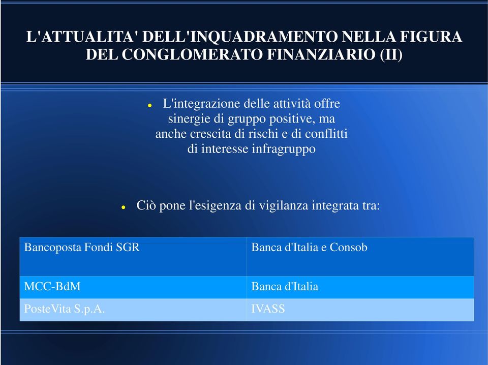 rischi e di conflitti di interesse infragruppo Ciò pone l'esigenza di vigilanza