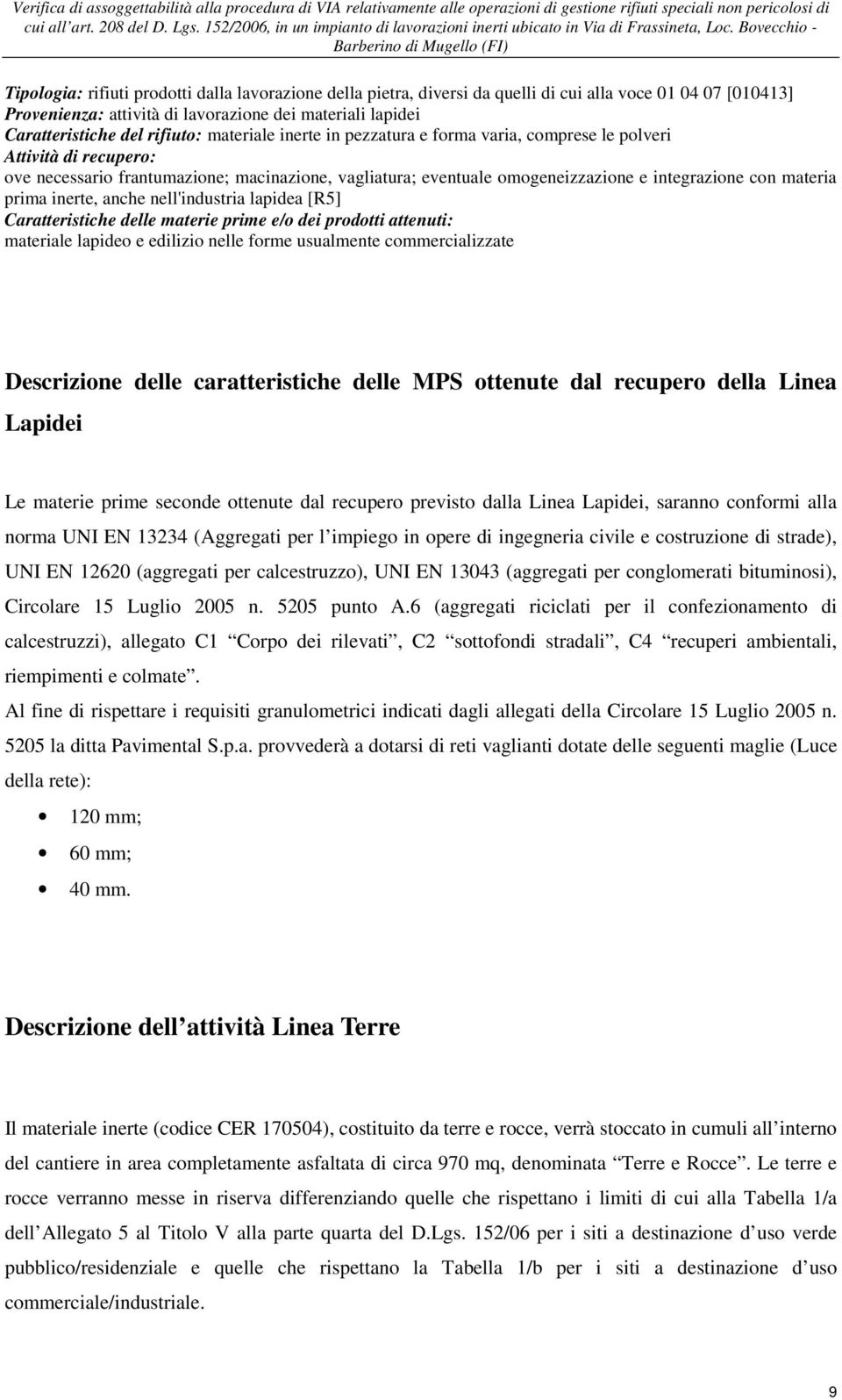 materia prima inerte, anche nell'industria lapidea [R5] Caratteristiche delle materie prime e/o dei prodotti attenuti: materiale lapideo e edilizio nelle forme usualmente commercializzate Descrizione