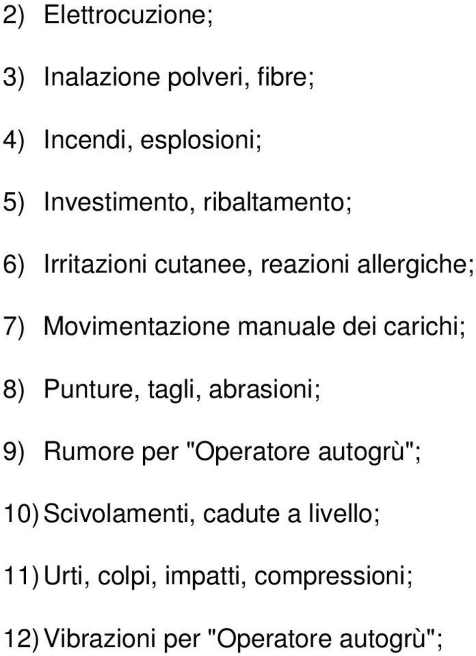 carichi; 8) Punture, tagli, abrasioni; 9) Rumore per "Operatore autogrù"; 10) Scivolamenti,