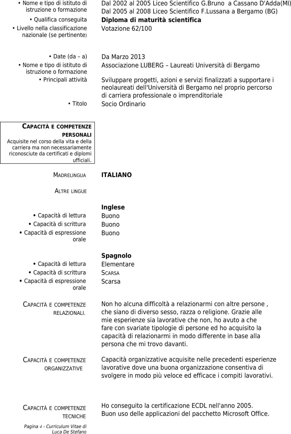 Lussana a Bergamo (BG) Diploma di maturità scientifica Votazione 62/100 Date (da a) Da Marzo 2013 Nome e tipo di istituto di Associazione LUBERG Laureati Università di Bergamo Principali attività