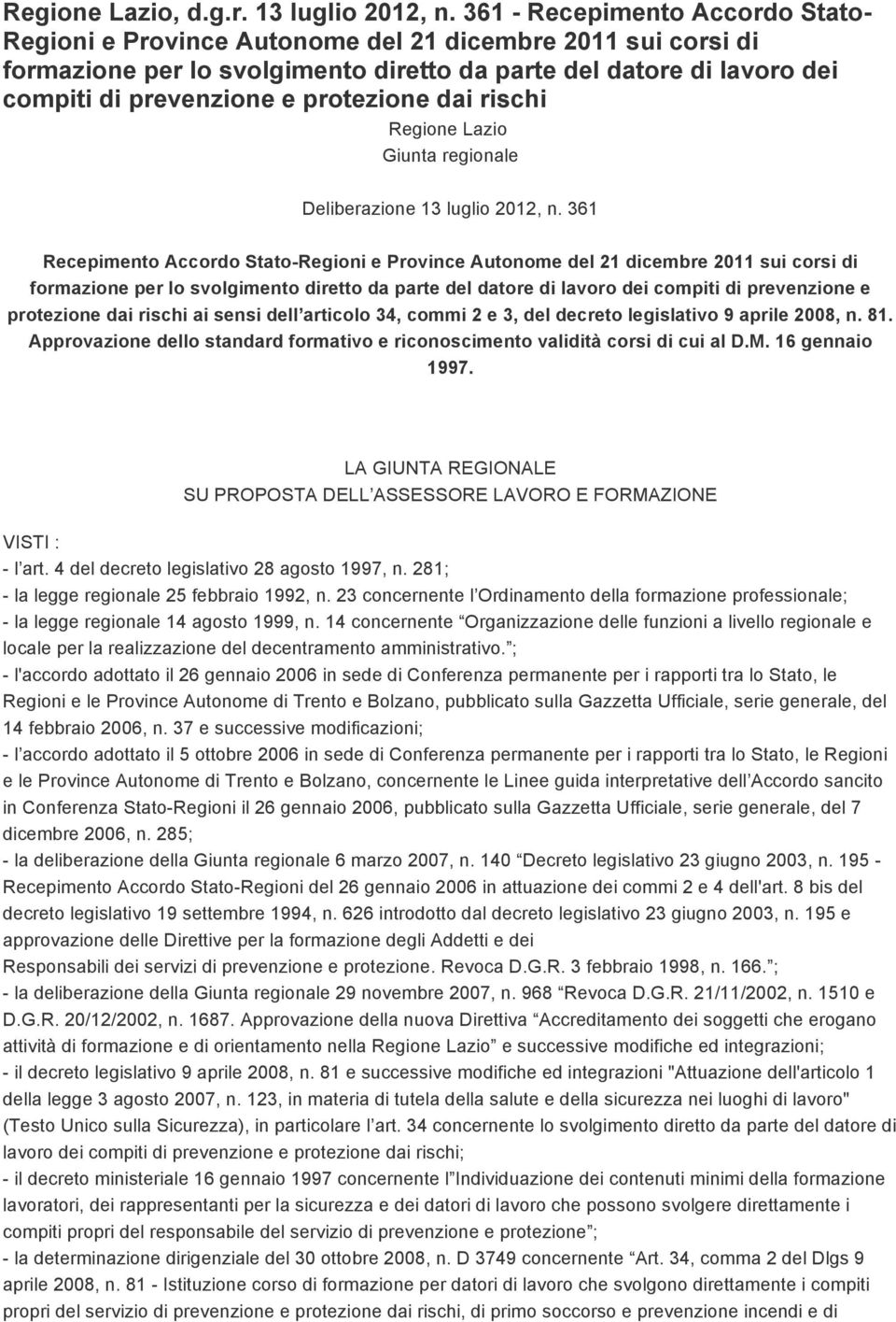 protezione dai rischi Regione Lazio Giunta regionale Deliberazione 13 luglio 2012, n.