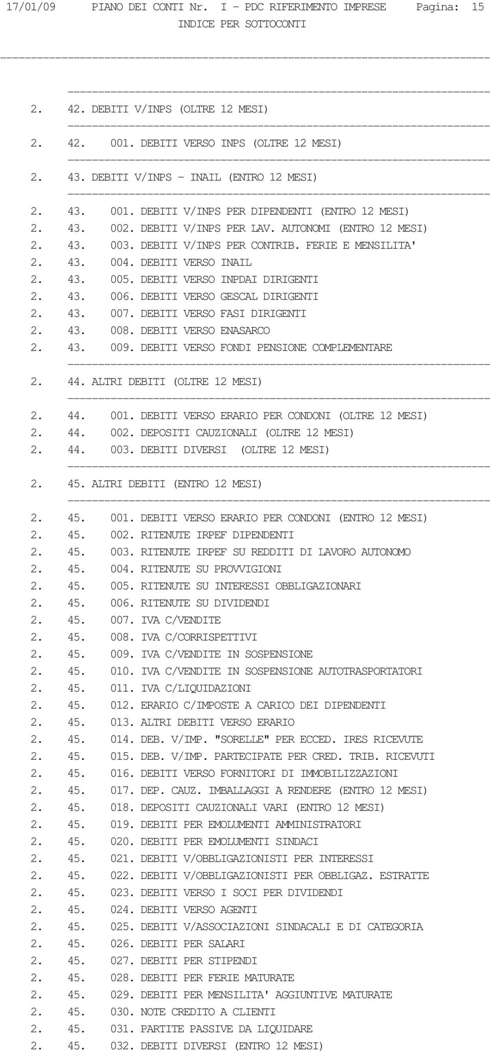 FERIE E MENSILITA' 2. 43. 004. DEBITI VERSO INAIL 2. 43. 005. DEBITI VERSO INPDAI DIRIGENTI 2. 43. 006. DEBITI VERSO GESCAL DIRIGENTI 2. 43. 007. DEBITI VERSO FASI DIRIGENTI 2. 43. 008.