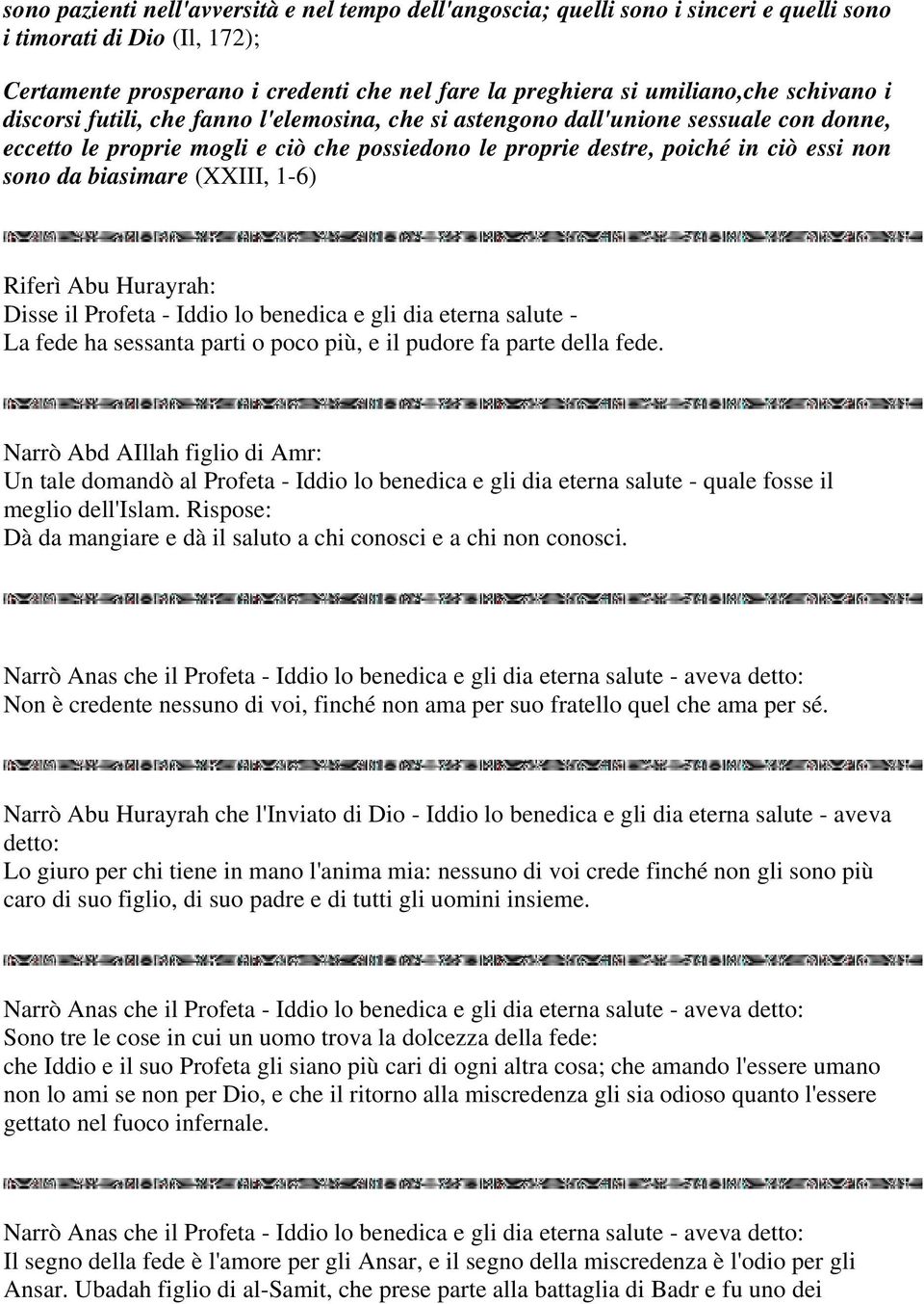 biasimare (XXIII, 1-6) Riferì Abu Hurayrah: Disse il Profeta - Iddio lo benedica e gli dia eterna salute - La fede ha sessanta parti o poco più, e il pudore fa parte della fede.