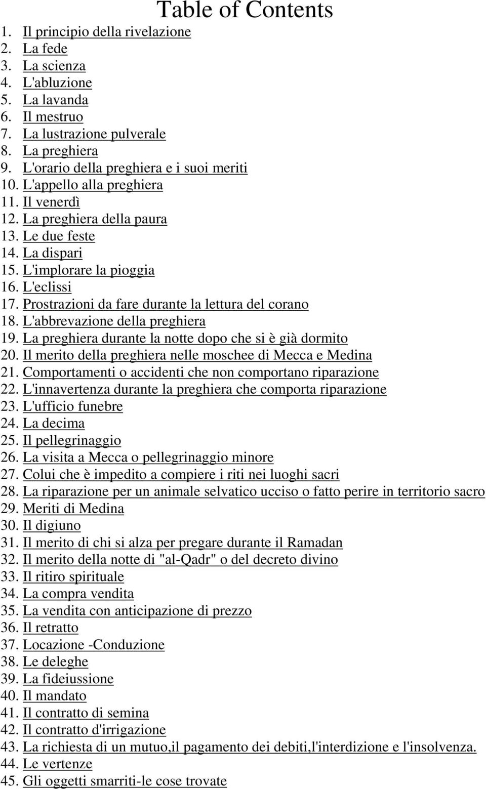 Prostrazioni da fare durante la lettura del corano 18. L'abbrevazione della preghiera 19. La preghiera durante la notte dopo che si è già dormito 20.