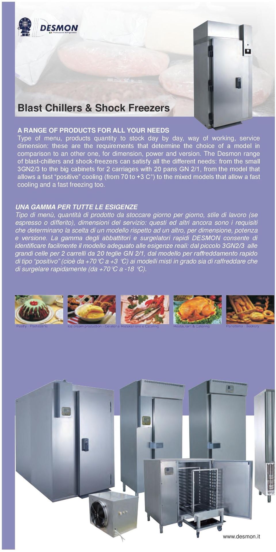 The Desmon range of blast-chillers and shock-freezers can satisfy all the different needs: from the small 3GN2/3 to the big cabinets for 2 carriages with 20 pans GN 2/1, from the model that allows a