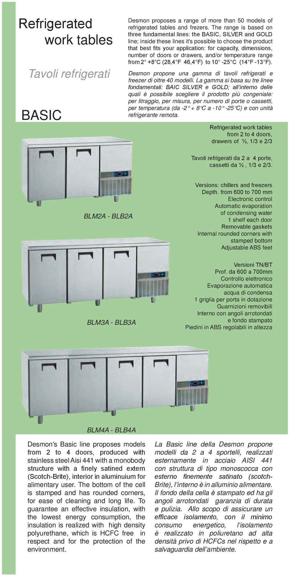 number of doors or drawers, and/or temperature range from 2 +8 C (28,4 F 46,4 F) to 10-25 C (14 F -13 F). Desmon propone una gamma di tavoli refrigerati e freezer di oltre 40 modelli.