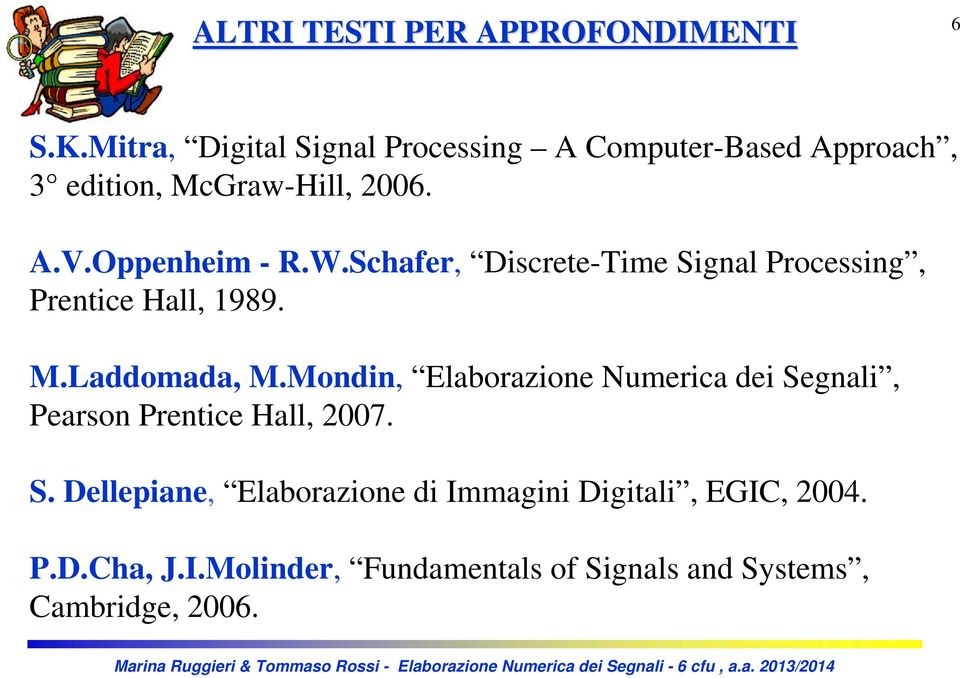 W.Schafer, Discrete-Time Signal Processing, Prentice Hall, 1989. M.Laddomada, M.