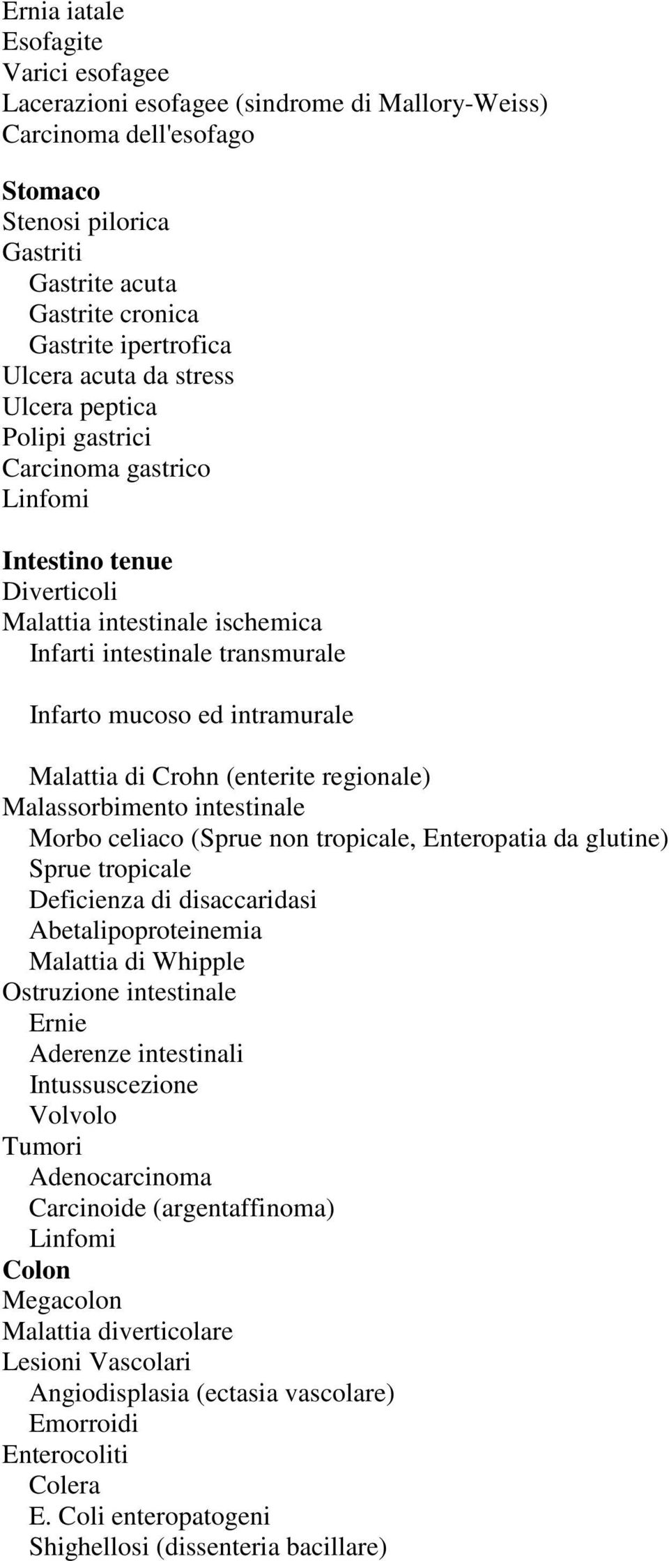 Crohn (enterite regionale) Malassorbimento intestinale Morbo celiaco (Sprue non tropicale, Enteropatia da glutine) Sprue tropicale Deficienza di disaccaridasi Abetalipoproteinemia Malattia di Whipple