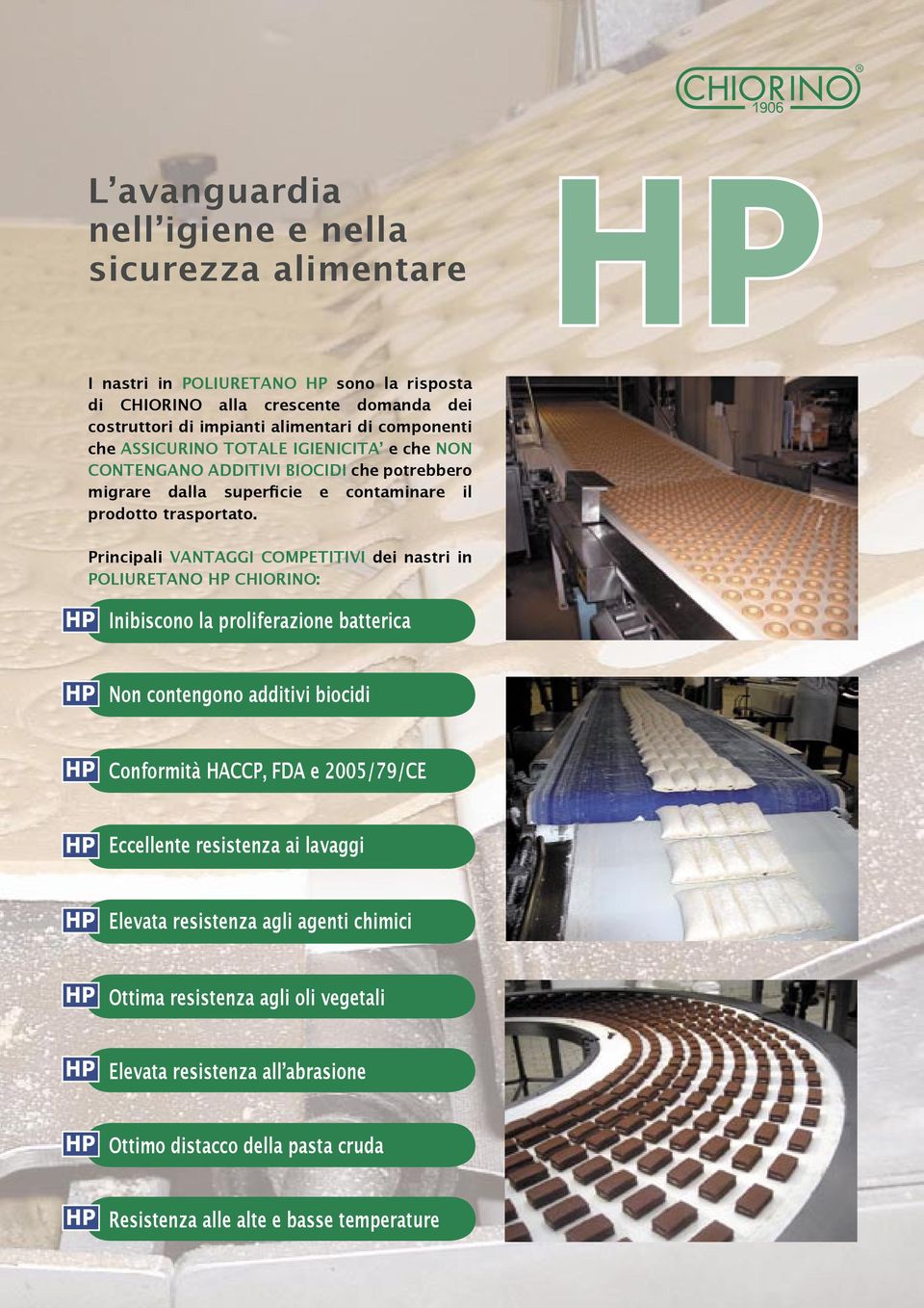 Principali VANTAGGI COMPETITIVI dei nastri in POLIURETANO CHIORINO: Inibiscono la proliferazione batterica Non contengono additivi biocidi Conformità HACCP, FDA e 2005/79/CE