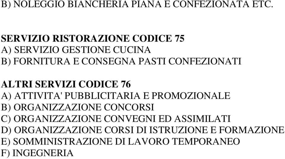 CONFEZIONATI ALTRI SERVIZI CODICE 76 A) ATTIVITA' PUBBLICITARIA E PROMOZIONALE B) ORGANIZZAZIONE