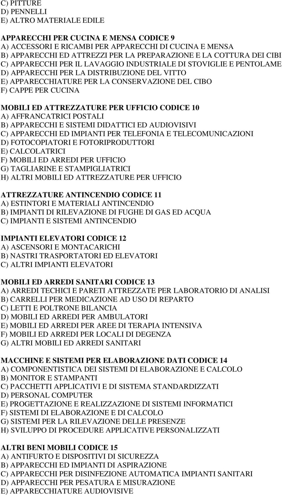 MOBILI ED ATTREZZATURE PER UFFICIO CODICE 10 A) AFFRANCATRICI POSTALI B) APPARECCHI E SISTEMI DIDATTICI ED AUDIOVISIVI C) APPARECCHI ED IMPIANTI PER TELEFONIA E TELECOMUNICAZIONI D) FOTOCOPIATORI E