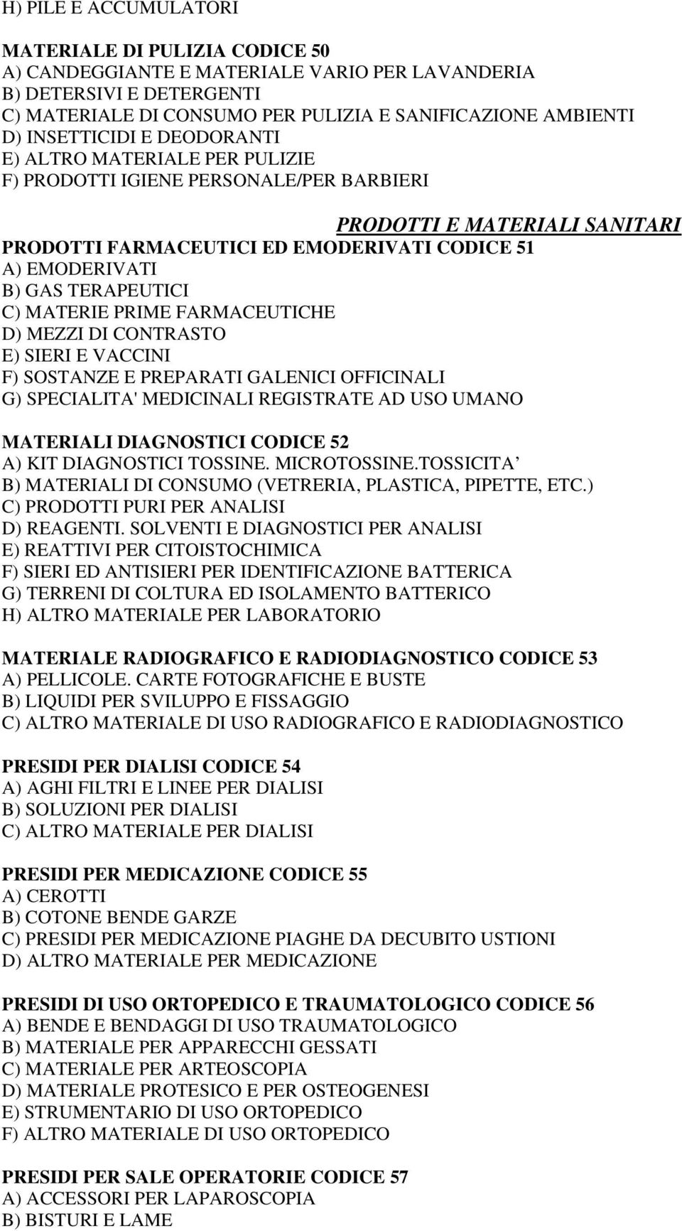 TERAPEUTICI C) MATERIE PRIME FARMACEUTICHE D) MEZZI DI CONTRASTO E) SIERI E VACCINI F) SOSTANZE E PREPARATI GALENICI OFFICINALI G) SPECIALITA' MEDICINALI REGISTRATE AD USO UMANO MATERIALI DIAGNOSTICI