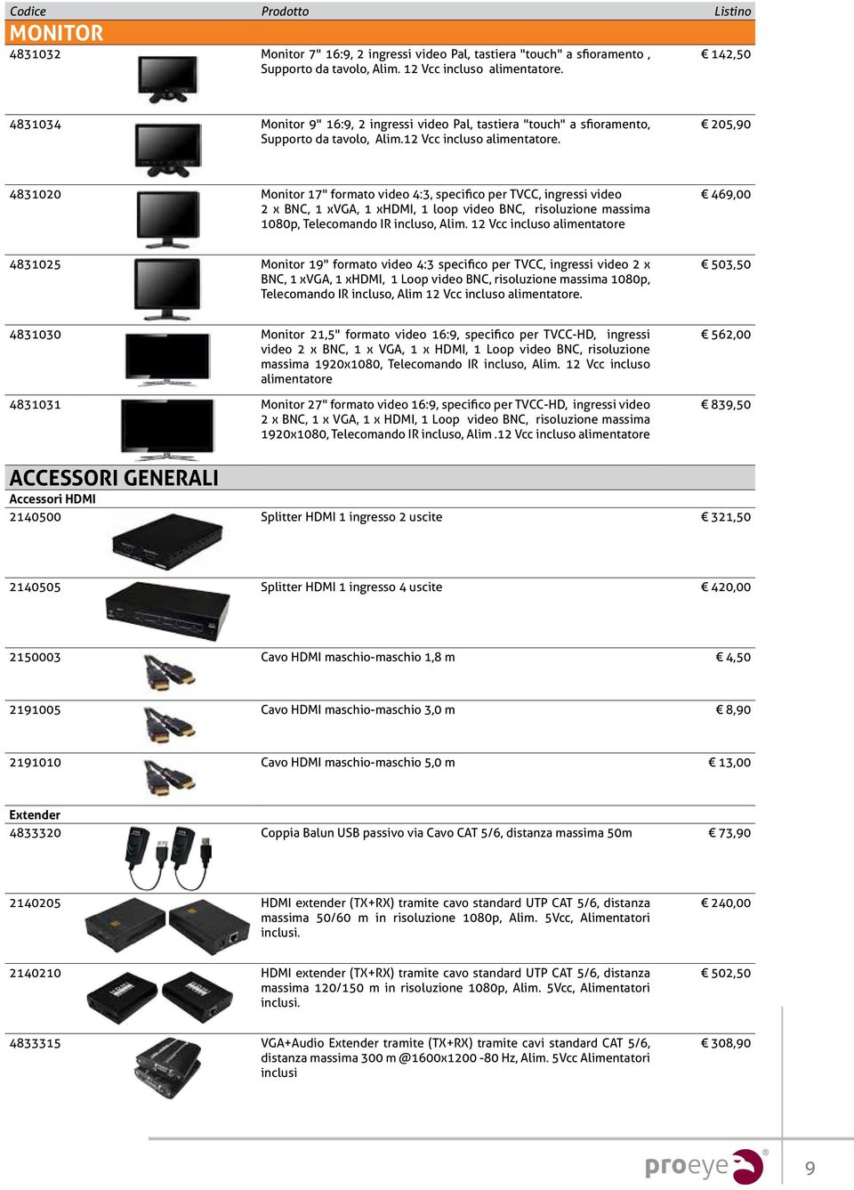 205,90 4831020 Monitor 17" formato video 4:3, specifico per TVCC, ingressi video 2 x BNC, 1 xvga, 1 xhdmi, 1 loop video BNC, risoluzione massima 1080p, Telecomando IR incluso, Alim.