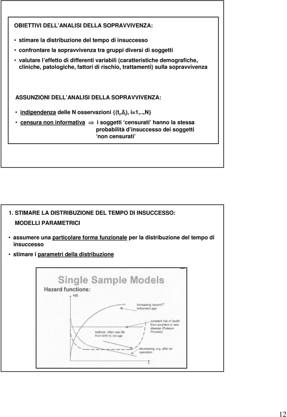 indipendenza delle N osservazioni {(t i,δ i, i=1,..,n} censura non informativa i soggetti censurati hanno la stessa probabilità d insuccesso dei soggetti non censurati 1.