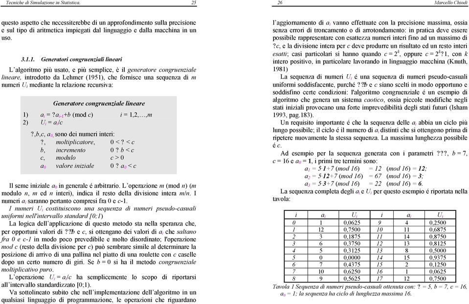 1. Generatori congruenziali lineari L algoritmo più usato, e più semplice, è il generatore congruenziale lineare, introdotto da Lehmer (1951), che fornisce una sequenza di m numeri U i mediante la