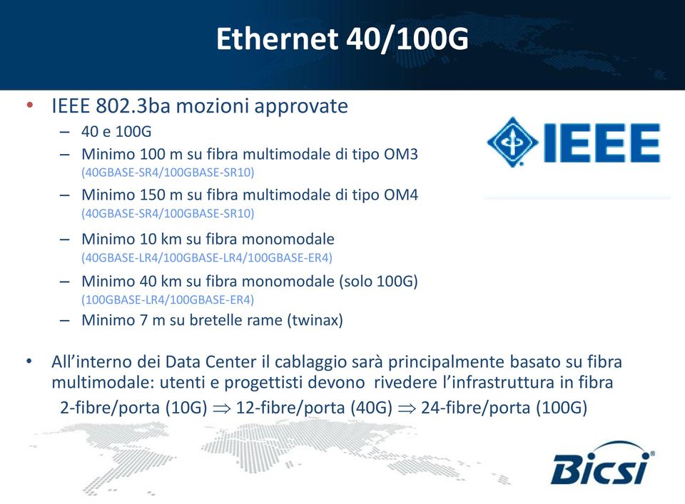 OM4 (40GBASE-SR4/100GBASE-SR10) Minimo 10 km su fibra monomodale (40GBASE-LR4/100GBASE-LR4/100GBASE-ER4) Minimo 40 km su fibra monomodale (solo 100G)