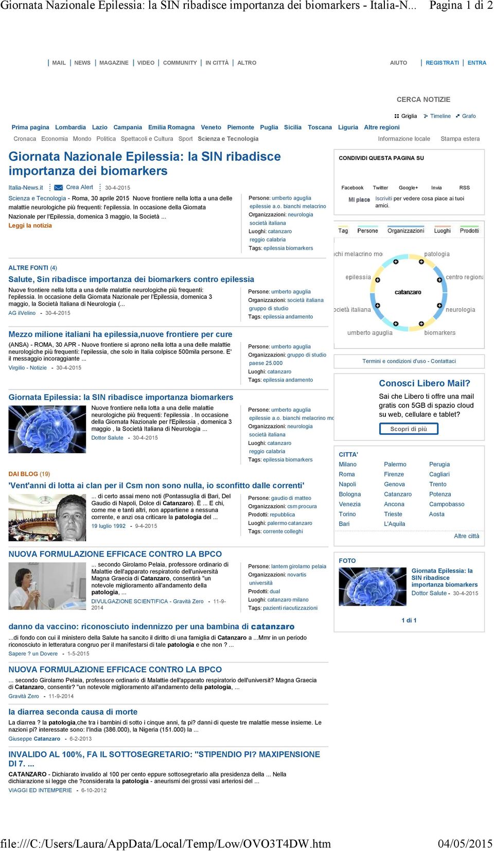 Liguria Altre regioni Griglia Timeline Grafo Cronaca Economia Mondo Politica Spettacoli e Cultura Sport Scienza e Tecnologia Giornata Nazionale Epilessia: la SIN ribadisce importanza dei biomarkers