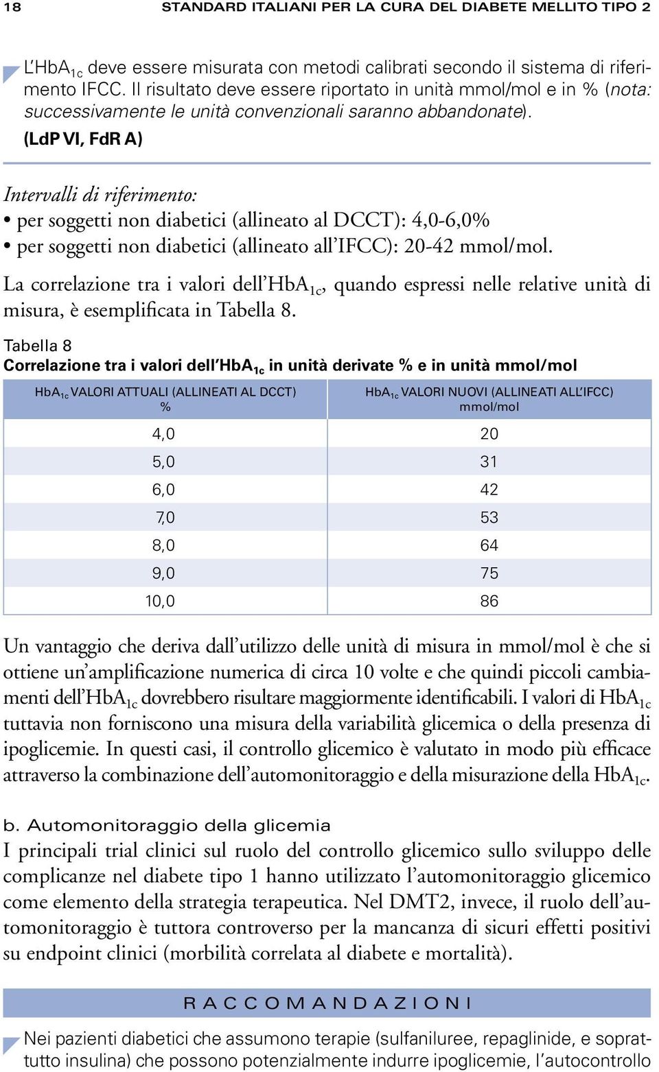 (LdP VI, FdR A) Intervalli di riferimento: per soggetti non diabetici (allineato al DCCT): 4,0 6,0% per soggetti non diabetici (allineato all IFCC): 20 42 mmol/mol.