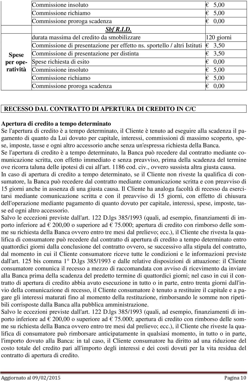 sportello / altri Istituti 3,50 Commissione di presentazione per distinta 3,50 Spese richiesta di esito 0,00 Commissione insoluto 5,00 Commissione richiamo 5,00 Commissione proroga scadenza 0,00