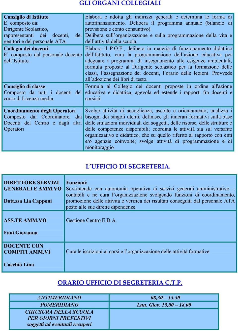 COLLEGIALI Elabora e adotta gli indirizzi generali e determina le forma di autofinanziamento. Delibera il programma annuale (bilancio di previsione e conto consuntivo).