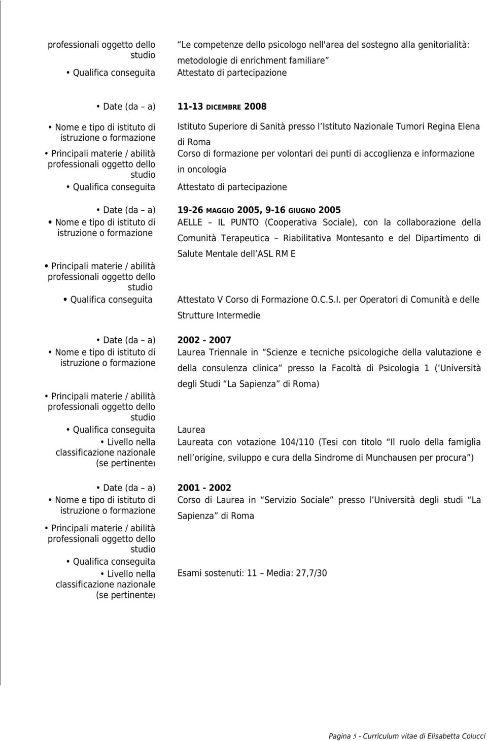 2005, 9-16 GIUGNO 2005 AELLE IL PUNTO (Cooperativa Sociale), con la collaborazione della Comunità Terapeutica Riabilitativa Montesanto e del Dipartimento di Salute Mentale dell ASL RM E Attestato V