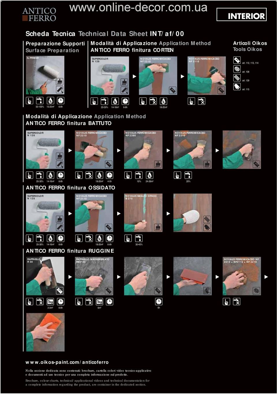 115 50-100% 15-20m² 6-8h 20-30% 14-16m² 6-8h 18-20m² Modalità di Applicazione Application Method ANTICO FERRO finitura BATTUTO SUPERCOLOR N 128 NOVALIS FERROMICACEO NF 2310 NOVALIS FERROMICACEO NF