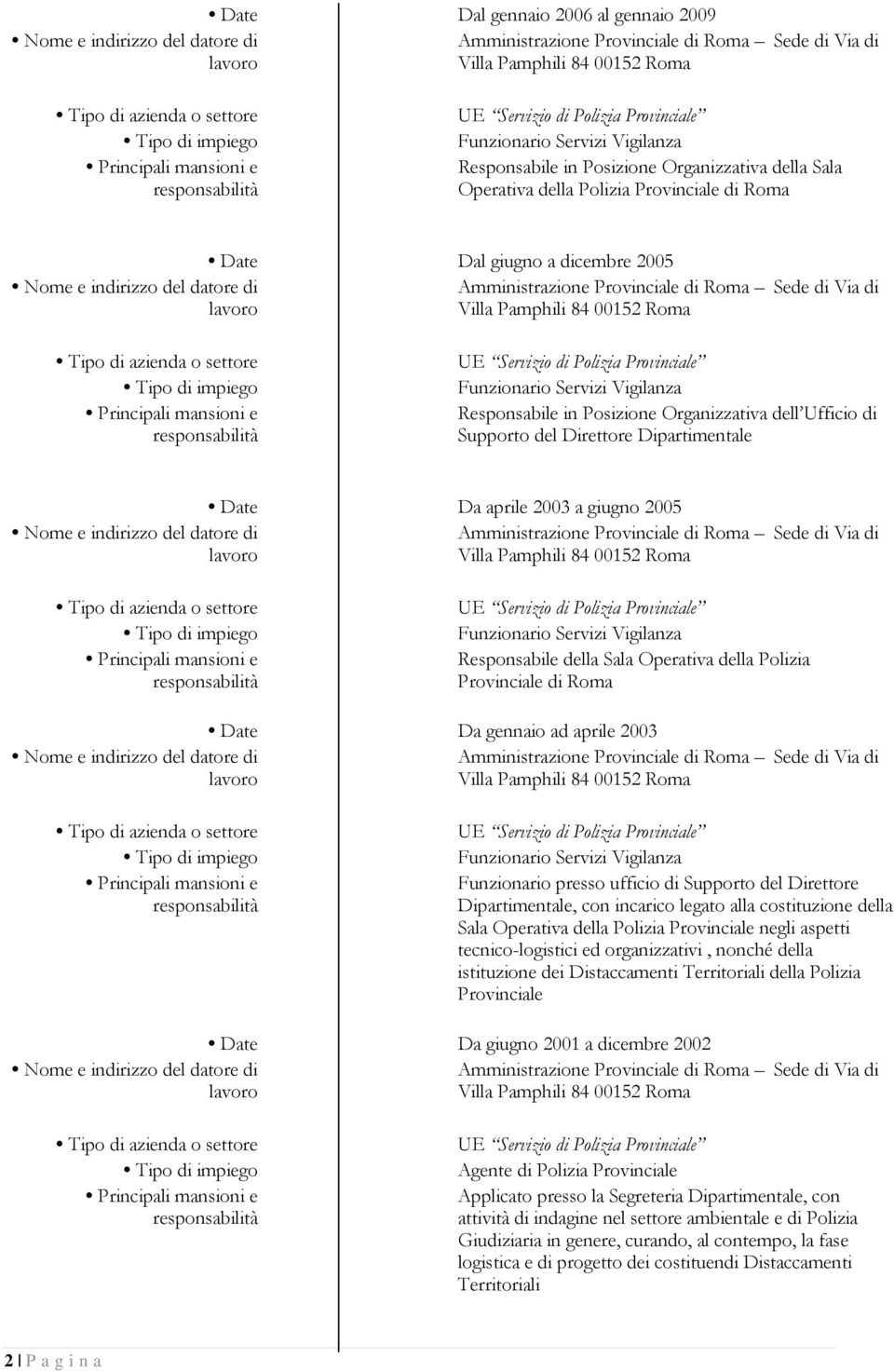 2003 Funzionario presso ufficio di Supporto del Direttore Dipartimentale, con incarico legato alla costituzione della Sala Operativa della Polizia Provinciale negli aspetti tecnico-logistici ed