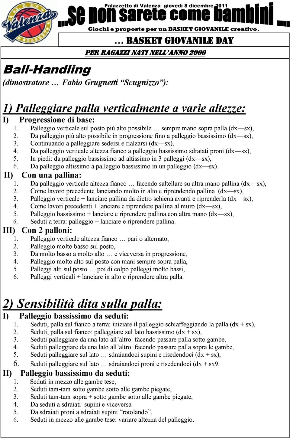 Continuando a palleggiare sedersi e rialzarsi (dx sx), 4. Da palleggio verticale altezza fianco a palleggio bassissimo sdraiati proni (dx sx), 5.