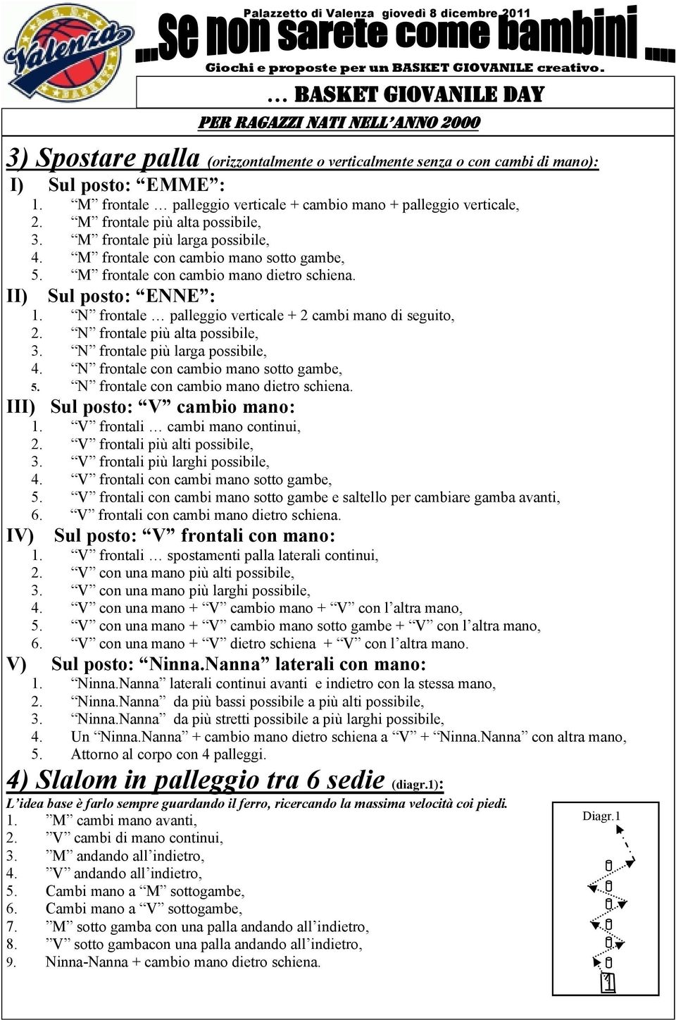 N frontale palleggio verticale + 2 cambi mano di seguito, 2. N frontale più alta possibile, 3. N frontale più larga possibile, 4. N frontale con cambio mano sotto gambe, 5.