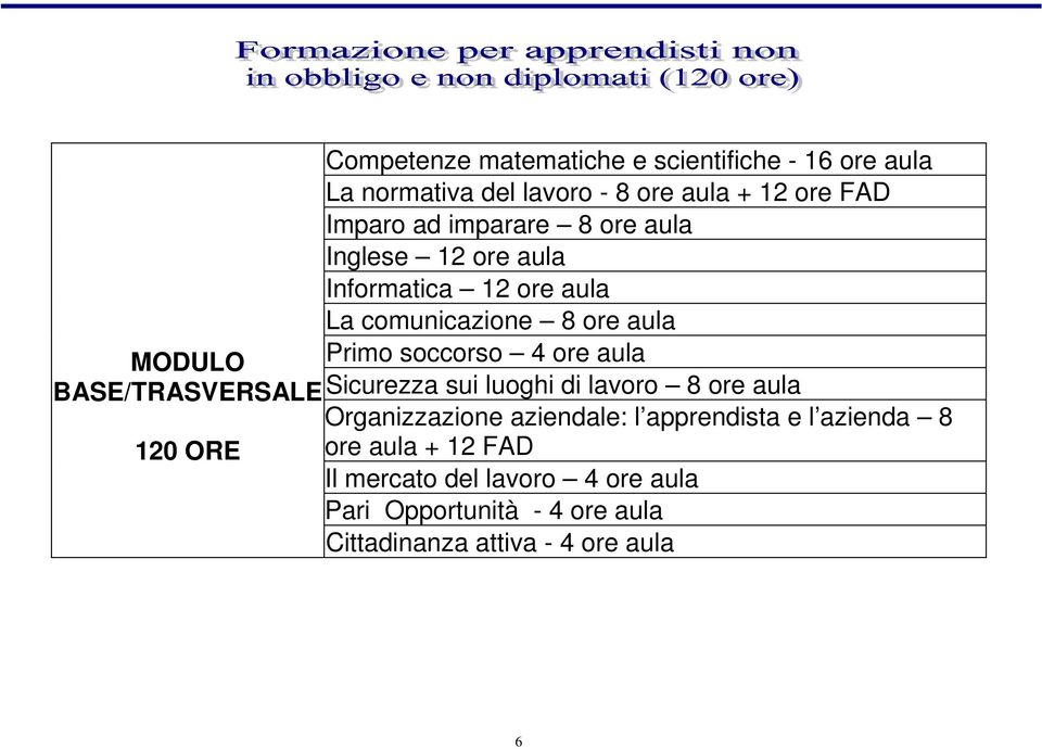 ore aula BASE/TRASVERSALE Sicurezza sui luoghi di lavoro 8 ore aula Organizzazione aziendale: l apprendista e l