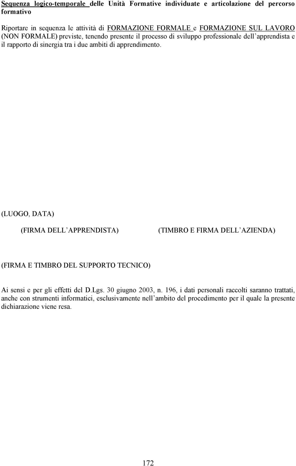 (LUOGO, DATA) (FIRMA DELL APPRENDISTA) (TIMBRO E FIRMA DELL AZIENDA) (FIRMA E TIMBRO DEL SUPPORTO TECNICO) Ai sensi e per gli effetti del D.Lgs. 30 giugno 2003, n.