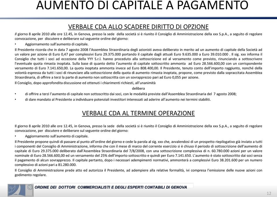 complessivi Euro 29.375.000 portando il capitale dagli attuali Euro 9.635.000 a Euro 39.010.000. Il sig. xxx informa il Consiglio che tutti i soci ad eccezione della YYY S.r.l. hanno proceduto alla sottoscrizione ed al versamento come previsto, rinunciando a sottoscrivere l eventuale quota rimasta inoptata.