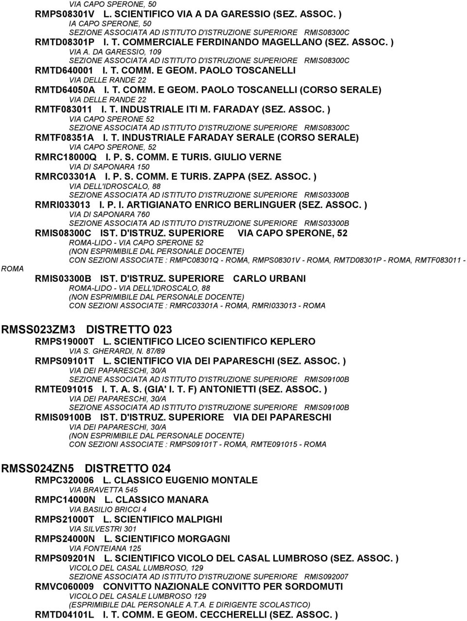 PAOLO TOSCANELLI VIA DELLE RANDE 22 RMTD64050A I. T. COMM. E GEOM. PAOLO TOSCANELLI (CORSO SERALE) VIA DELLE RANDE 22 RMTF083011 I. T. INDUSTRIALE ITI M. FARADAY (SEZ. ASSOC.