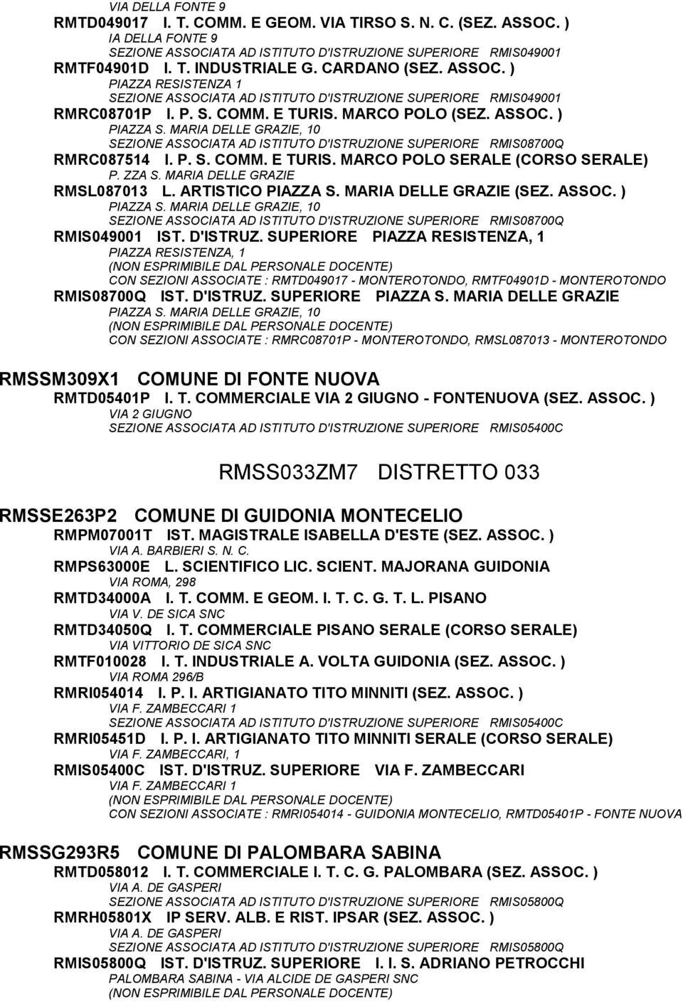 MARIA DELLE GRAZIE, 10 SEZIONE ASSOCIATA AD ISTITUTO D'ISTRUZIONE SUPERIORE RMIS08700Q RMRC087514 I. P. S. COMM. E TURIS. MARCO POLO SERALE (CORSO SERALE) P. ZZA S. MARIA DELLE GRAZIE RMSL087013 L.