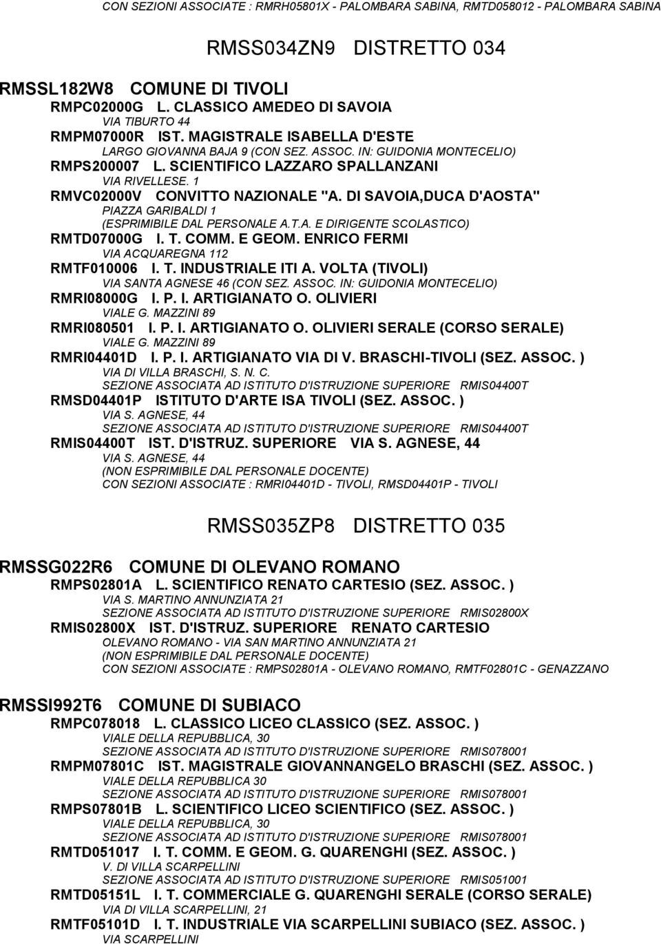 SCIENTIFICO LAZZARO SPALLANZANI VIA RIVELLESE. 1 RMVC02000V CONVITTO NAZIONALE "A. DI SAVOIA,DUCA D'AOSTA" PIAZZA GARIBALDI 1 (ESPRIMIBILE DAL PERSONALE A.T.A. E DIRIGENTE SCOLASTICO) RMTD07000G I. T.