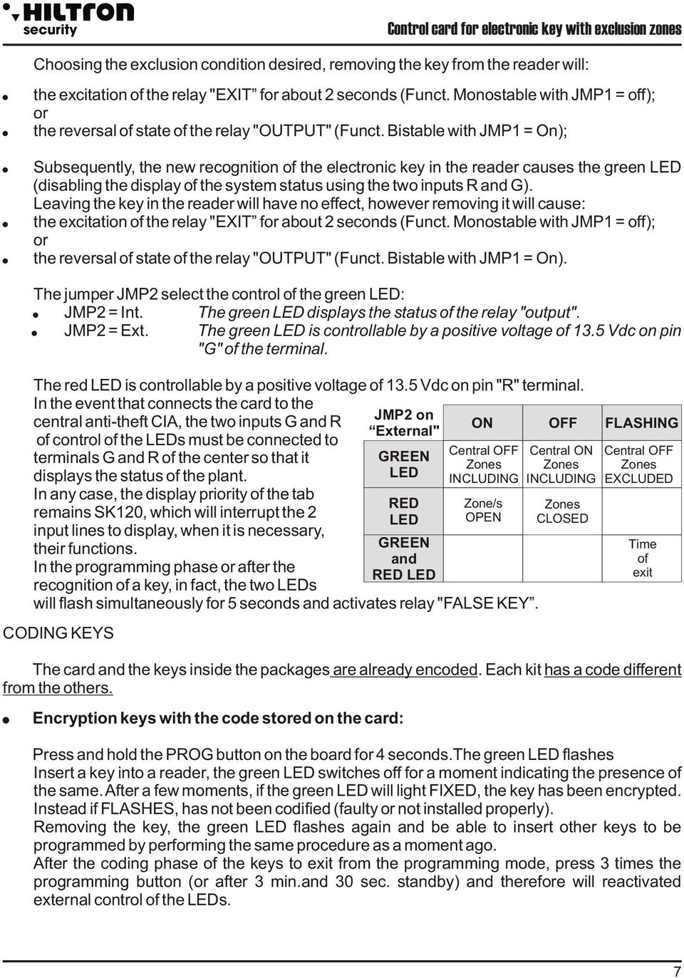 Bistable with JMP1 = On); Subsequently, the new recognition of the electronic key in the reader causes the green (disabling the display of the system status using the two inputs R and G).