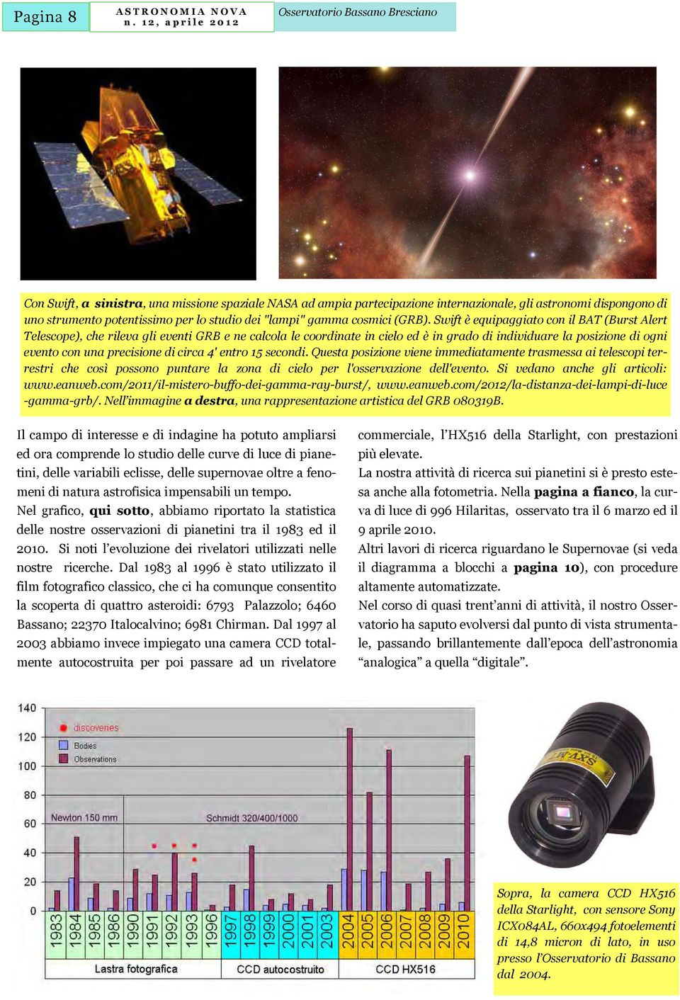 Swift è equipaggiato con il BAT (Burst Alert Telescope), che rileva gli eventi GRB e ne calcola le coordinate in cielo ed è in grado di individuare la posizione di ogni evento con una precisione di