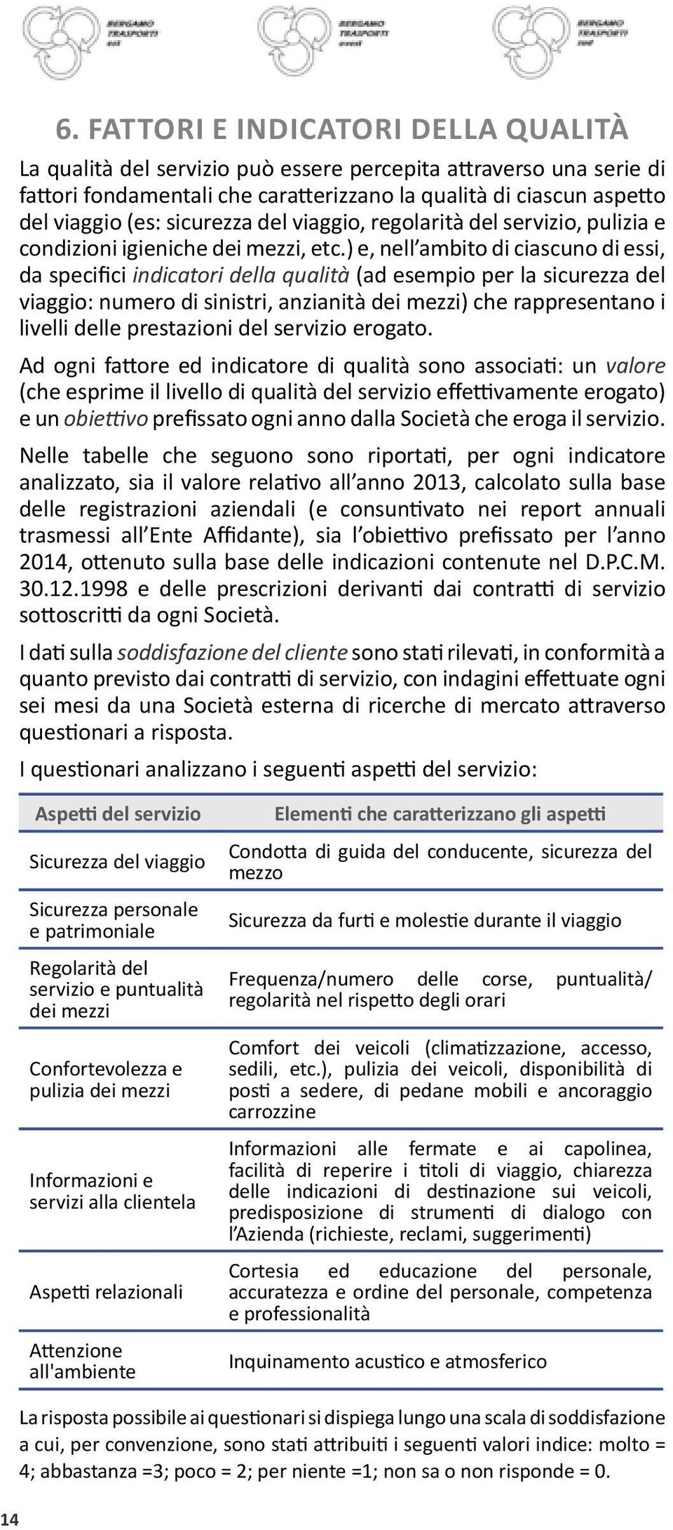 ) e, nell ambito di ciascuno di essi, da specifici indicatori della qualità (ad esempio per la sicurezza del viaggio: numero di sinistri, anzianità dei mezzi) che rappresentano i livelli delle