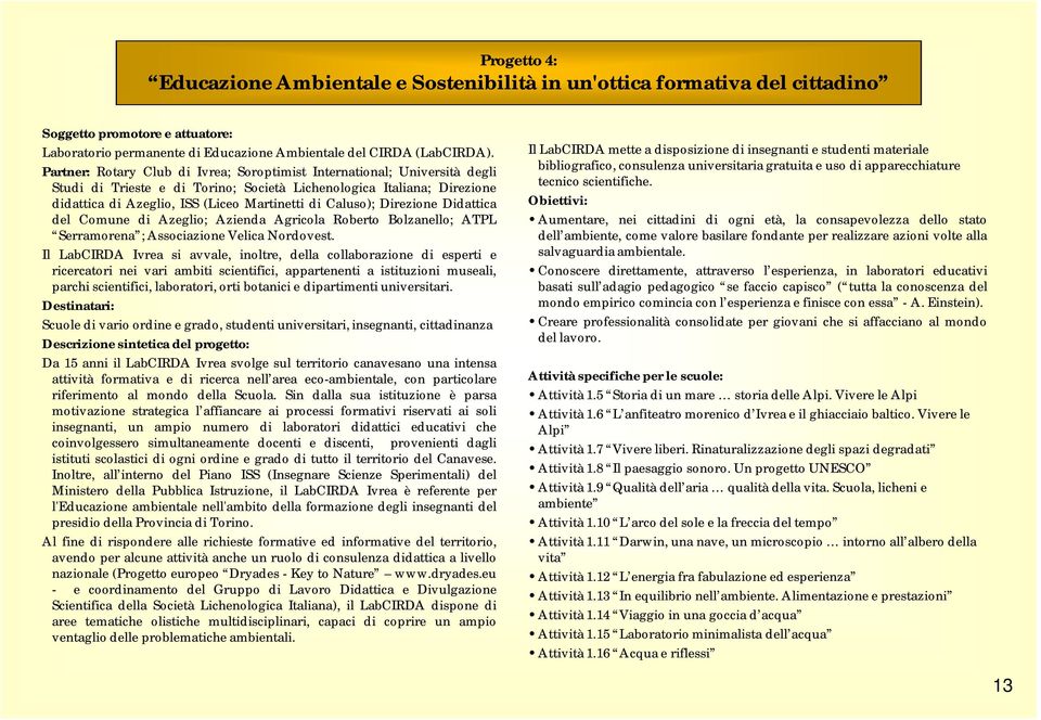 Caluso); Direzione Didattica del Comune di Azeglio; Azienda Agricola Roberto Bolzanello; ATPL Serramorena ; Associazione Velica Nordovest.