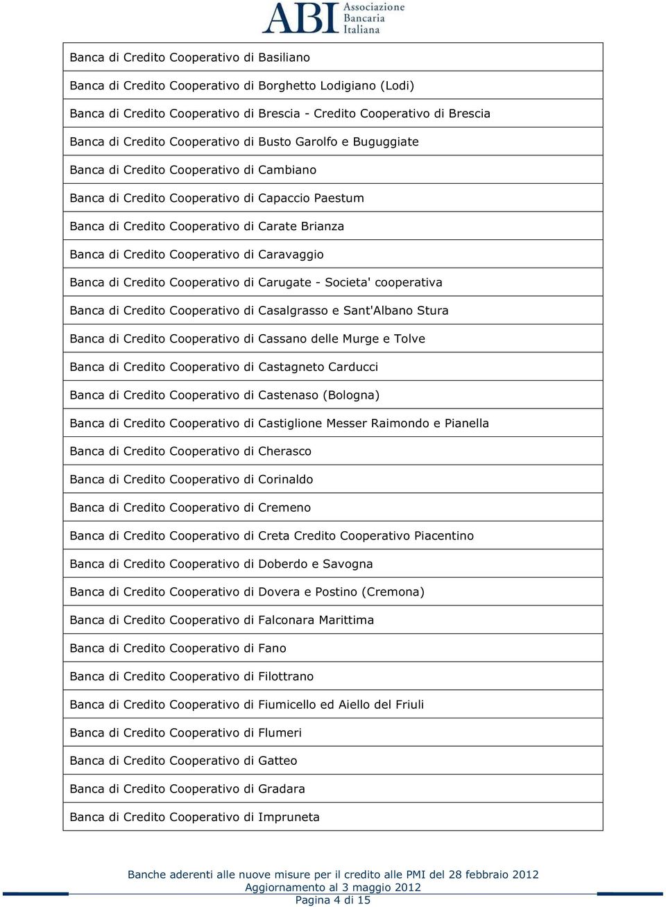 Cooperativo di Caravaggio Banca di Credito Cooperativo di Carugate - Societa' cooperativa Banca di Credito Cooperativo di Casalgrasso e Sant'Albano Stura Banca di Credito Cooperativo di Cassano delle