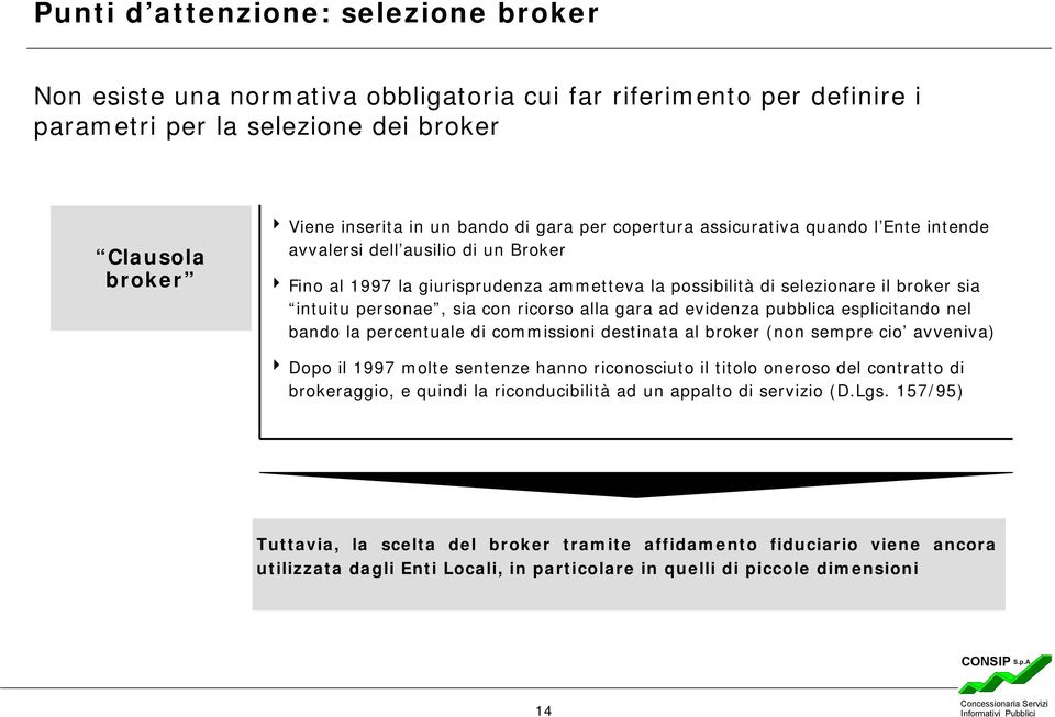 con ricorso alla gara ad evidenza pubblica esplicitando nel bando la percentuale di commissioni destinata al broker (non sempre cio avveniva) 4 Dopo il 1997 molte sentenze hanno riconosciuto il