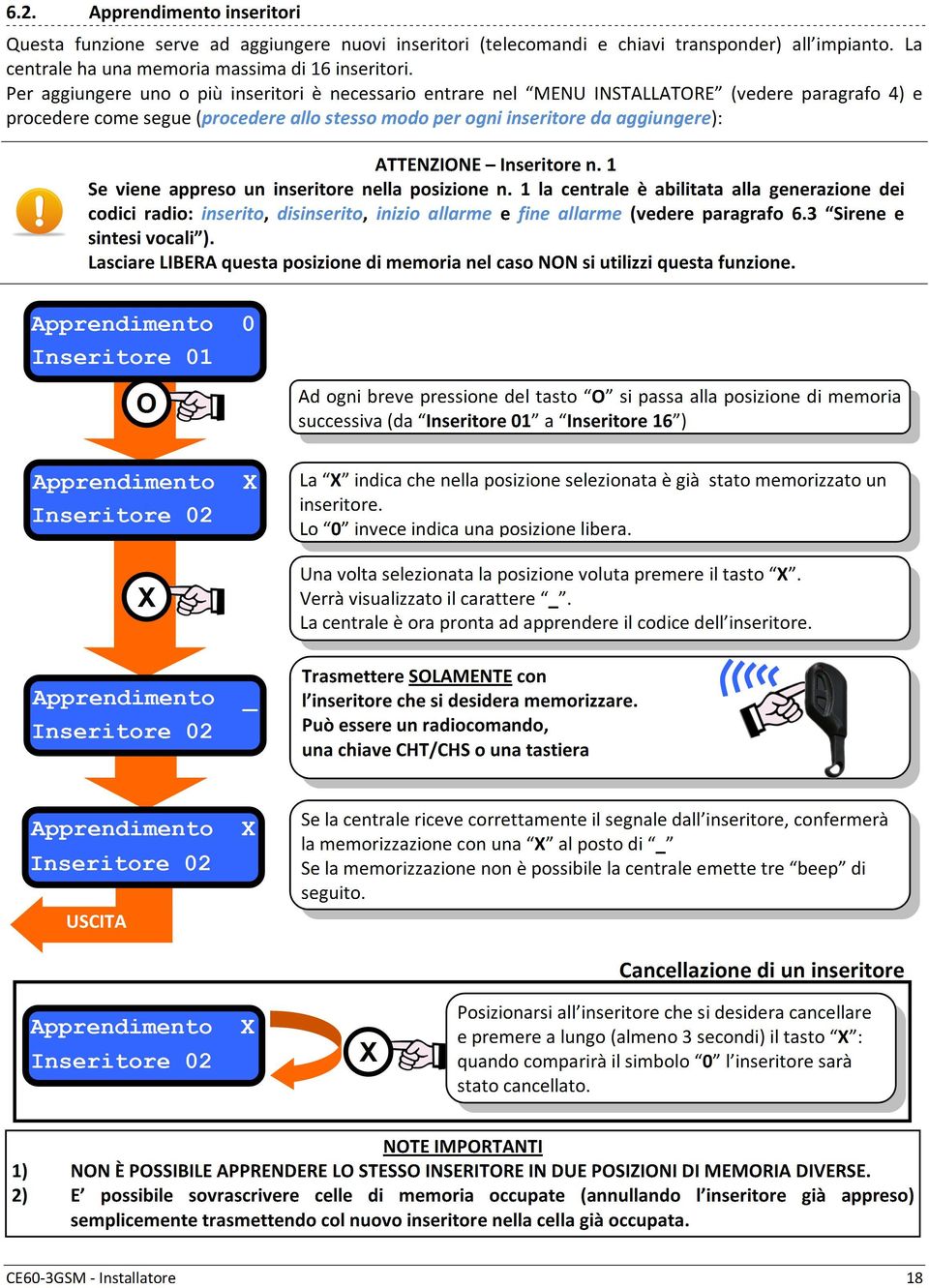 Per aggiungere uno o più inseritori è necessario entrare nel MENU INSTALLATORE (vedere paragrafo 4) e procedere come segue (procedere allo stesso modo per ogni inseritore da