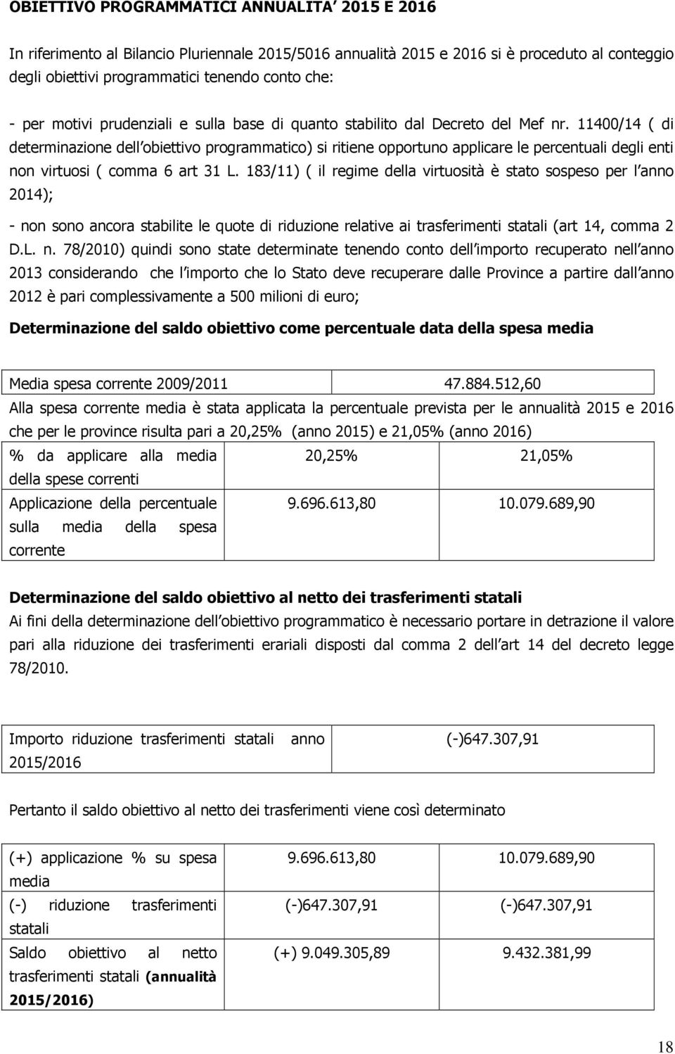 11400/14 ( di determinazione dell obiettivo programmatico) si ritiene opportuno applicare le percentuali degli enti non virtuosi ( comma 6 art 31 L.