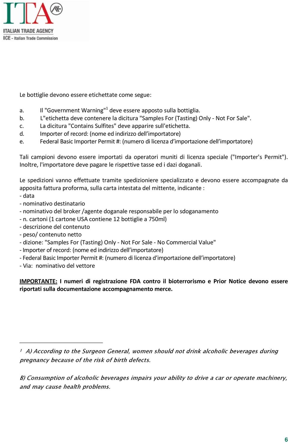 Federal Basic Importer Permit #:(numero di licenza d importazione dell importatore) Tali campioni devono essere importati da operatori muniti di licenza speciale ("Importer's Permit").