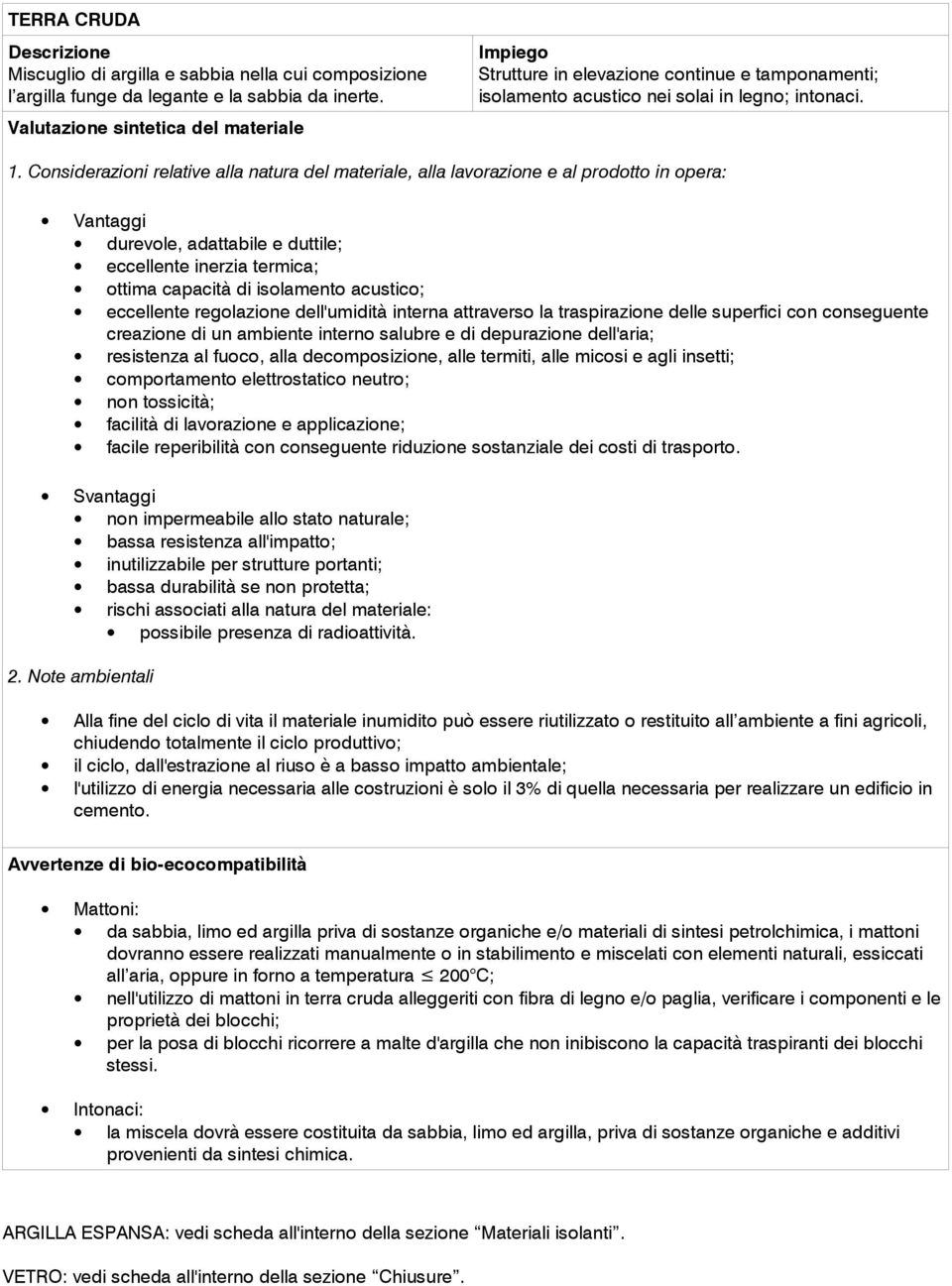 durevole, adattabile e duttile; eccellente inerzia termica; ottima capacità di isolamento acustico; eccellente regolazione dell'umidità interna attraverso la traspirazione delle superfici con