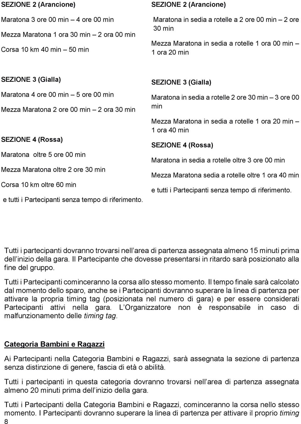 00 min Mezza Maratona oltre 2 ore 30 min Corsa 10 km oltre 60 min e tutti i Partecipanti senza tempo di riferimento.