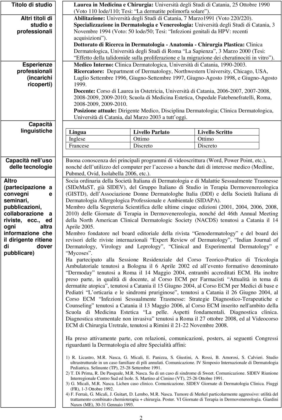studio e Specializzazione in Dermatologia e Venereologia: Università degli Studi di Catania, 3 professionali Novembre 1994 (Voto: 50 lode/50; Tesi: Infezioni genitali da HPV: recenti acquisizioni ).
