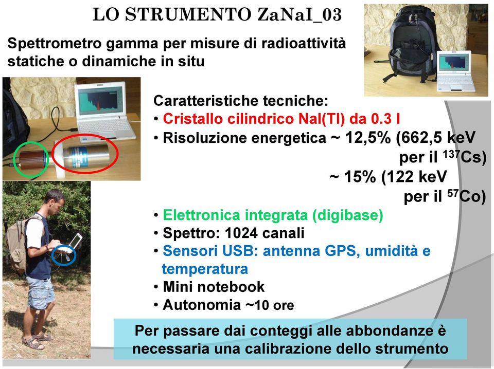 3 l Risoluzione energetica ~ 12,5% (662,5 kev per il 137 Cs) ~ 15% (122 kev per il 57 Co) Elettronica integrata