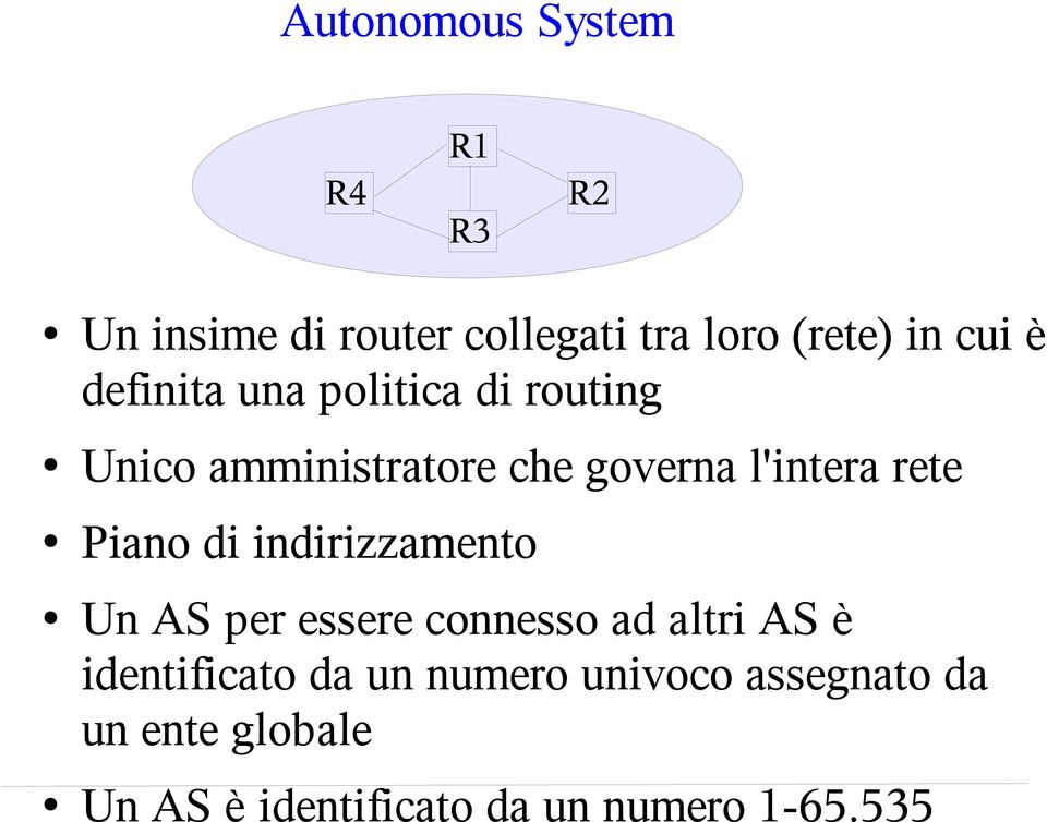 Piano di indirizzamento Un AS per essere connesso ad altri AS è identificato da un