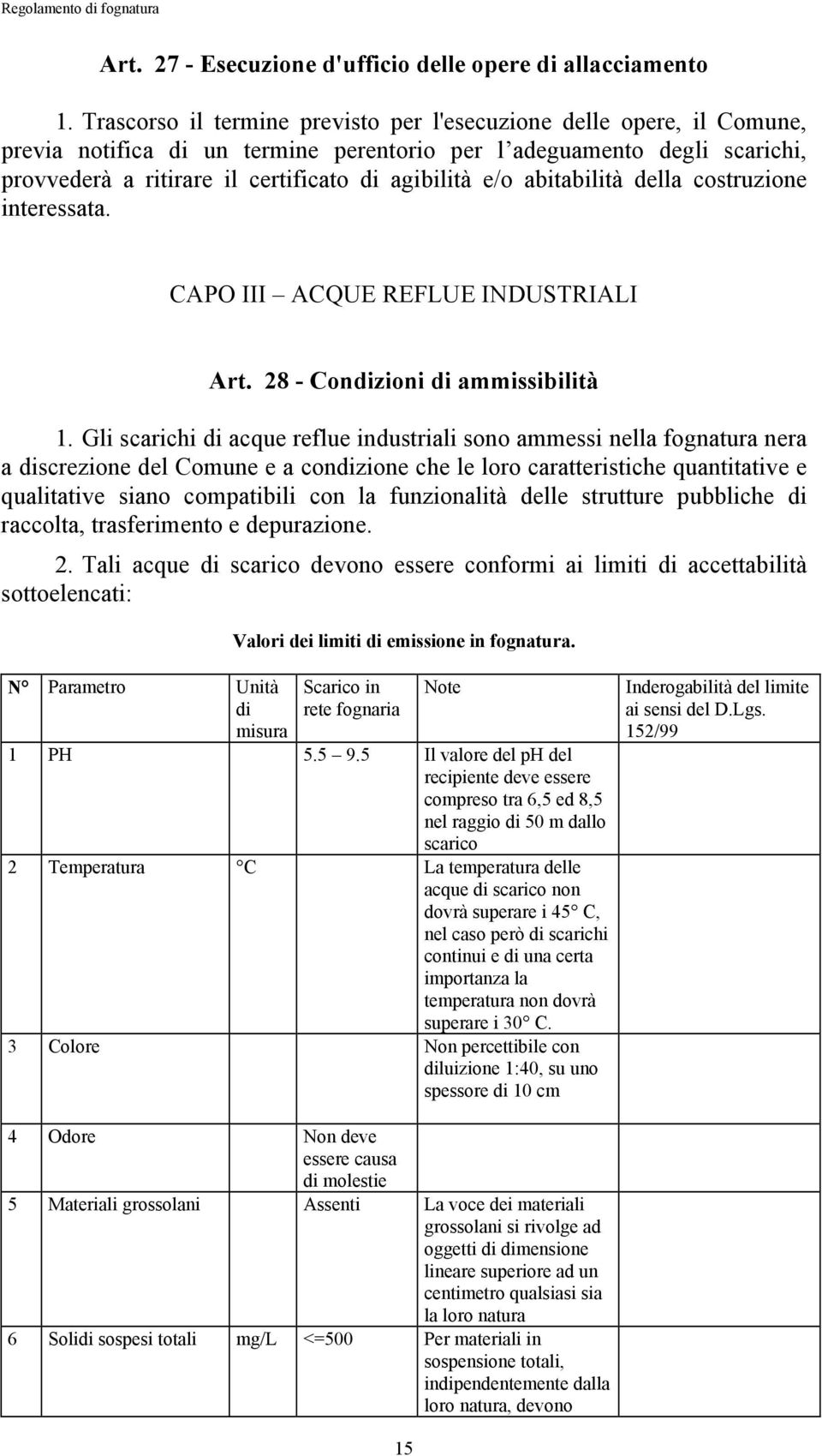 abitabilità della costruzione interessata. CAPO III ACQUE REFLUE INDUSTRIALI Art. 28 - Condizioni di ammissibilità 1.